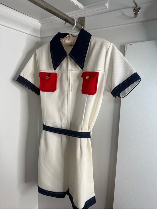 American Vintage Pants - Vintage White Romper Playsuit with Navy Trim & Red Pocket Accents - size small